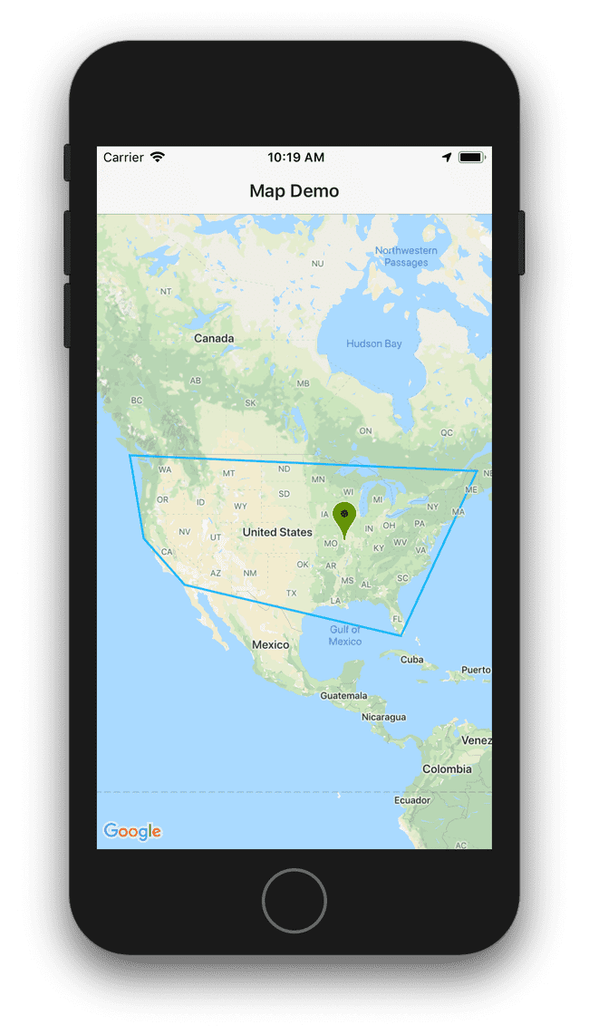 Screenshot polyline around the United States in the MapView