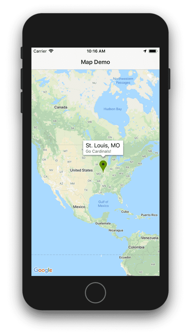 Screenshot with a marker on St. Louis in the MapView